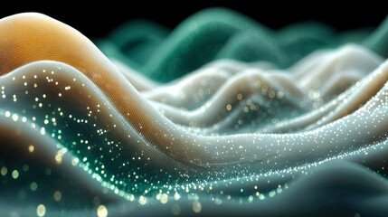 Poster - Artistic digital waves in green and gold tones, interwoven with glowing data points, creating a dynamic, cybernetic texture