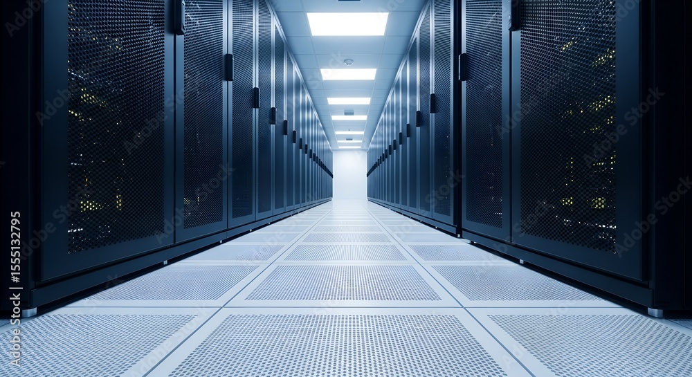 Long dark server room corridor with rows of computer racks data center ...
