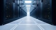 © TechNova Graphics - Long dark server room corridor with rows of computer racks data center
