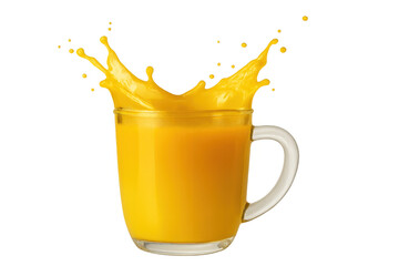 Poster - Refreshing orange juice splashing out of a clear glass mug, set against a transparent background