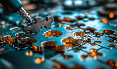 Poster - Macro close up of robot arm assembling metal puzzle gear piece on circuit board background with blue and orange lighting technology automation concept