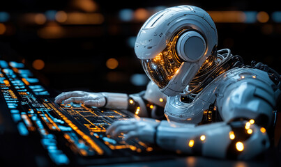 Poster - Futuristic humanoid robot with illuminated visor typing on glowing high-tech keyboard in dark technological environment closeup