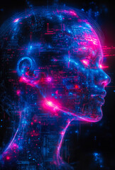 Poster - Futuristic digital female head profile glowing with neon blue and pink circuit patterns and glowing data streams on dark background high detail technology concept