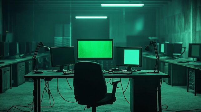 Empty, dimly lit computer room