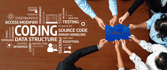 Poster - A diverse team collaborates on a coding challenge, piecing together a puzzle that symbolizes problem-solving in software development and programming. Amity