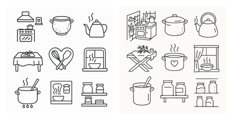 Fototapete - Set of kitchen icons, including a pot, a pan, a spoon, a bowl, a cup, a knife, a fork, a spoon, a bowl, a cup, a pot, a pan, a spoon, a bowl, a