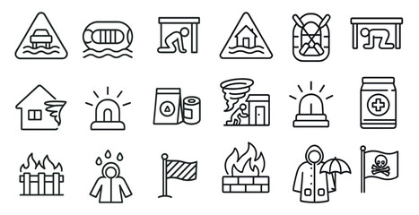 Poster - Series of icons depicting various weather conditions and safety hazards. The icons include a house, a car, a person in a boat, a person in a house, a person in a boat, a person in a house