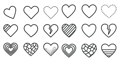 Poster - Series of hearts, some of which are broken, are displayed in a row. The broken hearts are positioned in the middle of the collection, while the whole hearts are on either side