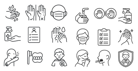 Poster - Set of icons for health and hygiene. The icons include a toothbrush, a hand, a mask, and a bottle of hand sanitizer