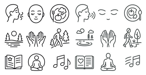 Poster - Series of icons depicting various activities related to health and wellness. The icons include a person meditating, a person eating a healthy meal, a person walking, and a person reading a book