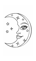 Poster - Of a crescent moon with a face stars on a background continous line celestial