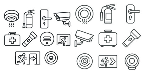Poster - Collection of icons for various safety and security devices. The icons include a fire extinguisher, a fire alarm, a security camera, a first aid kit, and a flashlight. Scene is one of preparedness