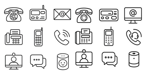 Poster - Collection of icons for various communication devices such as phones, computers, and televisions. The icons are all in black and white and are arranged in a grid