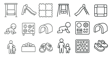Poster - Series of icons for a children's playground. The icons include a swing, a slide, a sandbox, and a playhouse
