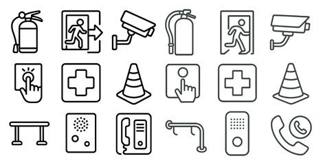 Aufkleber - Collection of icons for emergency services and safety. The icons include a fire extinguisher, a fire hydrant, a stop sign, a crosswalk sign, a police car, a fire truck, a security camera