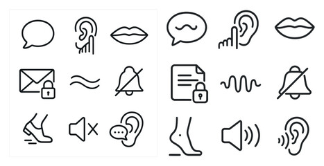 Aufkleber - Set of icons that represent various communication and sound-related functions. The icons include a speech bubble, a bell, a microphone, a paper, a lock, a key, a mouth, and a pair of ears