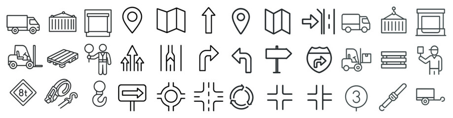 Poster - Collection of icons for various transportation and construction vehicles. The icons include a truck, forklift, crane, and a man holding a sign