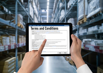 Poster - Digital legal contract provide terms and conditions document on computer screen ready for online digital signature for deal agreement of future business snugly