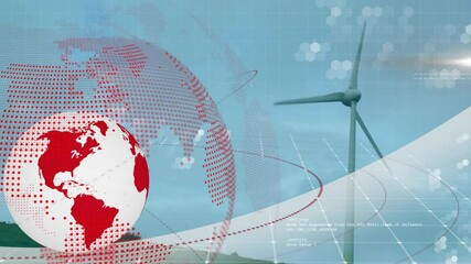 Poster - Red-and-white globe emerging from left initiating grid orbit, turbine spinning and mapping data