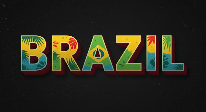 The word brazil with tropical themed patterns and colors against a dark background illustration