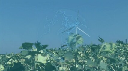 Poster - Wind rippling sunflowers, turbine blades spinning and globe orbiting to showcase clean energy