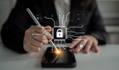Poster - Cyber security system protecting digital infrastructure. Cyber security ensures data safety, prevents breaches, cyber security strengthens defense, and supports secure operations. Latch