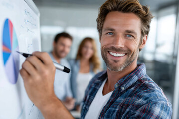 Poster - Professional man presenting data in a modern office during a team meeting