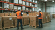 © birulaut - Two workers in a warehouse inspect boxes on shelves wearing safety gear.