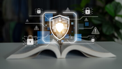 Poster - cyber security protects against breaches, hacks, and network attacks using strong infrastructure and