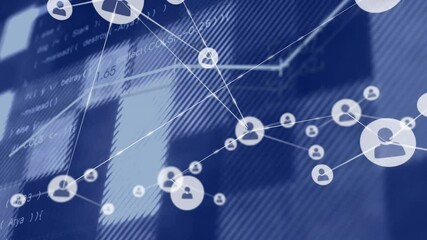 Poster - Initial white person node appearing near lower center initiating network growth across blue grid