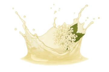 Poster - Elderflower cordial splashing, cascading near delicate blossoms, illustrating refreshing beverage against clean transparent background, highlighting liquid movement