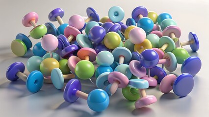 Poster - Pile of colorful pastel abstract geometric shapes and spheres on a light background
