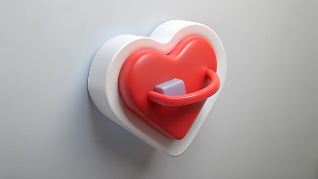 Abstract 3d rendering of a red heart shape with a handle and a purple cube