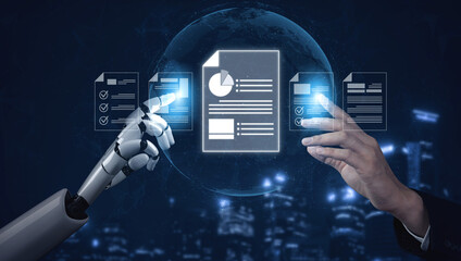 Poster - AI artificial intelligence manages documents with virtual assistant filing, secure cloud access, and smart tools for seamless digital collaboration and workflow. Vouch