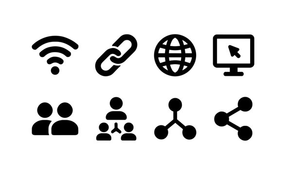 Network and connectivity icons: wifi, link, globe, computer, users, hierarchy, nodes, sharing