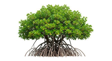 This vibrant mangrove tree showcases its intricate root system and bright green foliage.