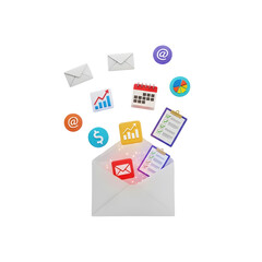 Poster - An open envelope releasing floating icons like charts email calendars and checklists against a transparent black background promoting a data-driven marketing theme.