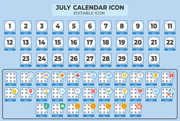 Poster - July calendar icon set, containing dates from the 1st to the 31st, vector illustration with editable options and various appointments