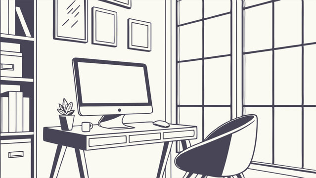 Modern Home Office Workspace with Computer and Chair.