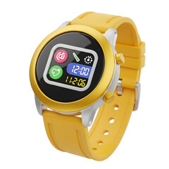 Poster - Close-up studio shot of a modern yellow smartwatch with its display active and showing health and notification icons on a transparent background.