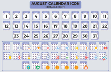Poster - August Calendar Icon Set with Editable Elements for Planning and Scheduling Applications