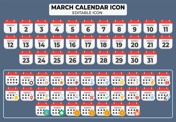 Poster - March Calendar Icon Set: Editable Vector Graphic for Planning and Organization, featuring a complete month with diverse event icons