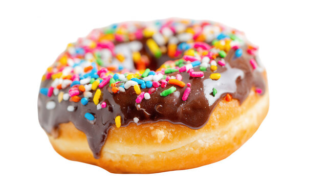 a doughnut with chocolate glaze and colorful sprinkles on a white background, png, transparent
