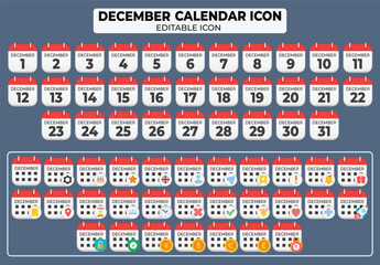 Poster - December calendar icon set featuring editable designs for important dates and events in a vector format