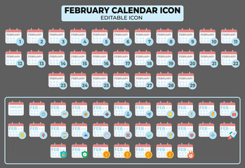 Poster - Set of Editable February Calendar Icons with Dates and Symbols, Vector Illustration for Web Design, Graphics and Applications