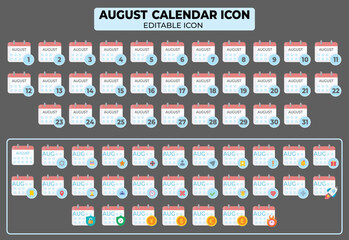 Poster - August calendar icon set, featuring editable flat vector design for organizing and planning events and schedules effectively