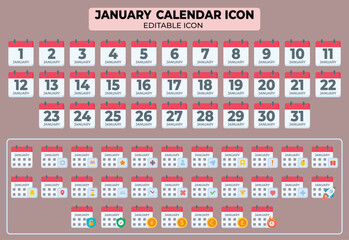 Poster - January calendar editable icon set for planning and organization, vector flat design collection with 31 days and various icons