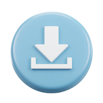 Stylized 3d blue circle icon with a white download arrow symbol inside isolated on transparent background