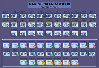 Poster - Editable vector icon set of March calendar, full month, different icon styles, useful for web design, apps and illustrations