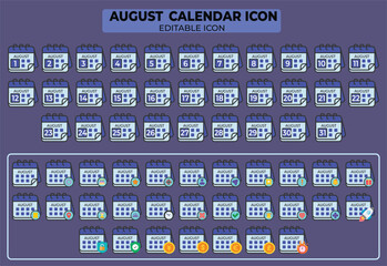 Poster - August Calendar Icon Set: Editable Monthly Planning and Date Reminders Vector Illustration